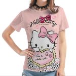 T-shirt Hello Kitty tenant un cœur avec un arc sur la tête